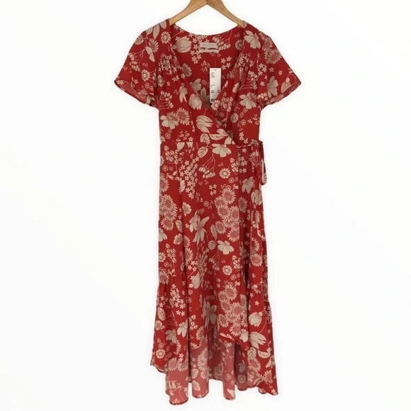 NWT Urban Outfitters Daphne Red / Orange Floral Midi Ruffle Wrap Dress Medium M - Picture 4 of 12
